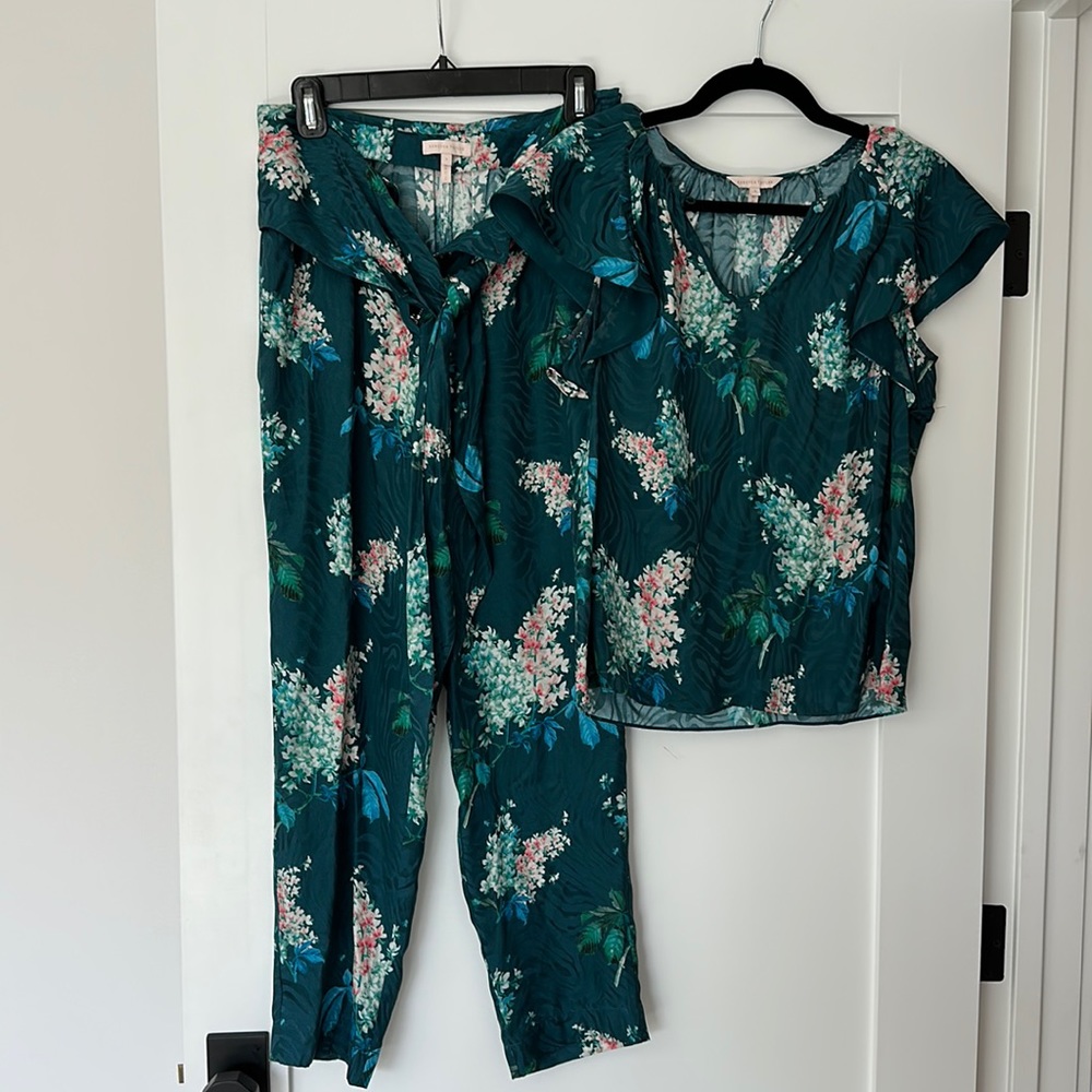 Rebecca Taylor Teal Floral Pants & Top Set